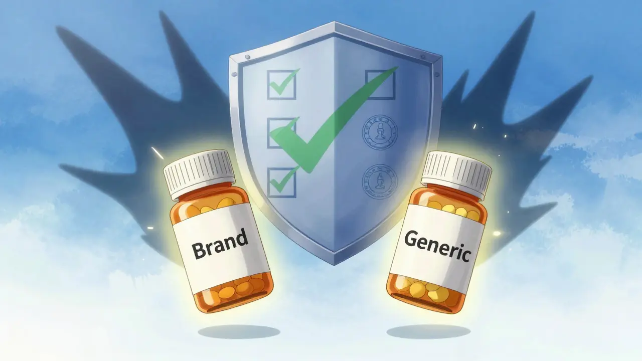 Identical brand and generic pills floating with a protective shield
