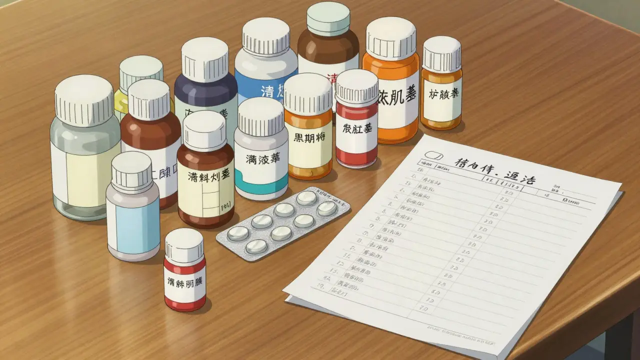 Organized assortment of medications and supplements on a table