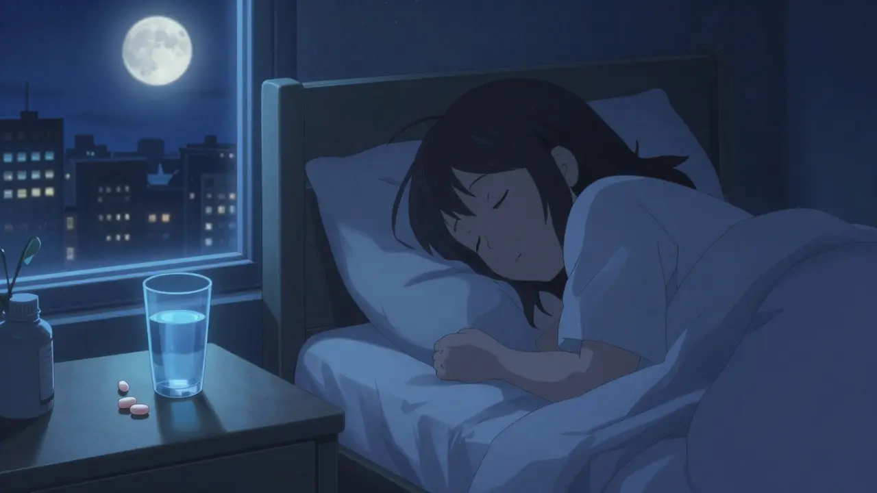 Peaceful anime bedroom scene with melatonin bottle and moonlight for sleep aid.
