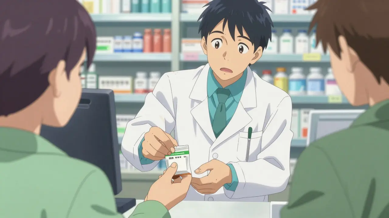 Pharmacist handing medication to a customer at a pharmacy counter