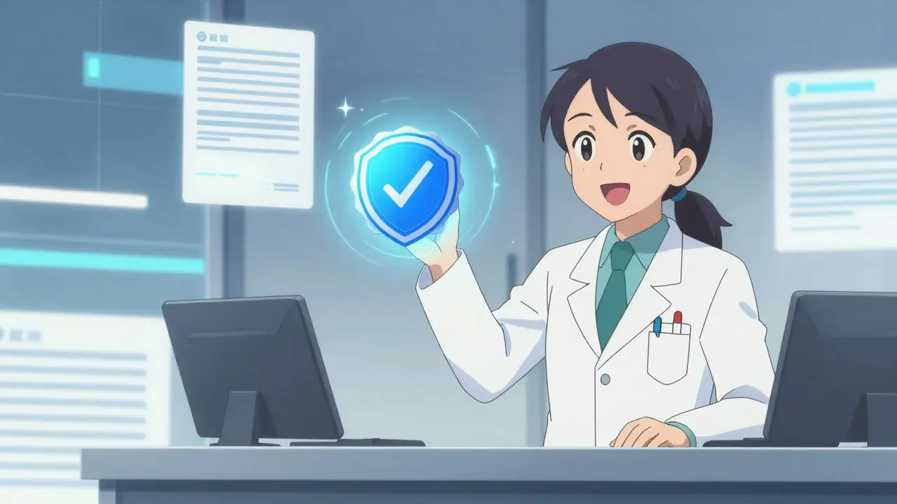 Pharmacist holding a digital security seal symbolizing safe online medicine purchases.