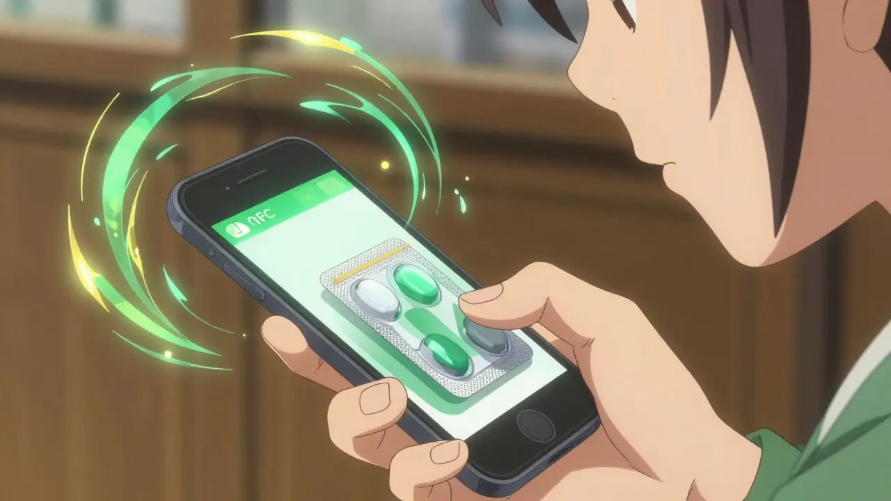 Smartphone tapping medicine pack with glowing NFC verification waves.
