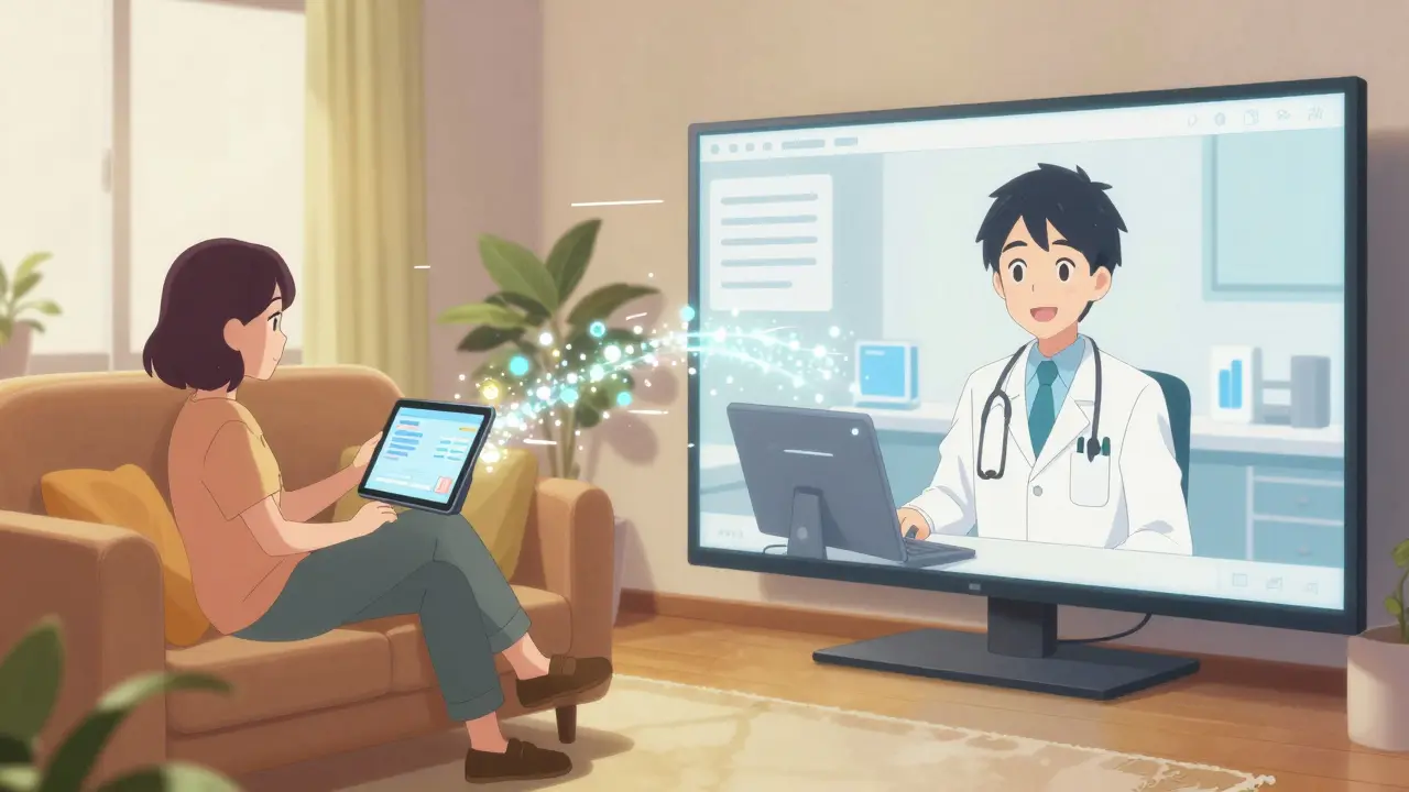 Split view of patient consulting doctor via tablet, symbolizing easy telemedicine access.