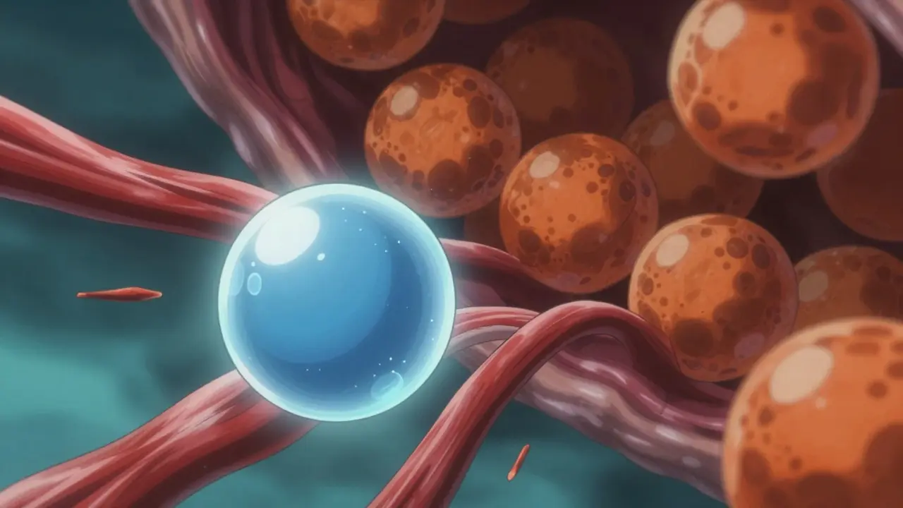 Stylized blue sphere avoiding muscle fibers representing safe medication