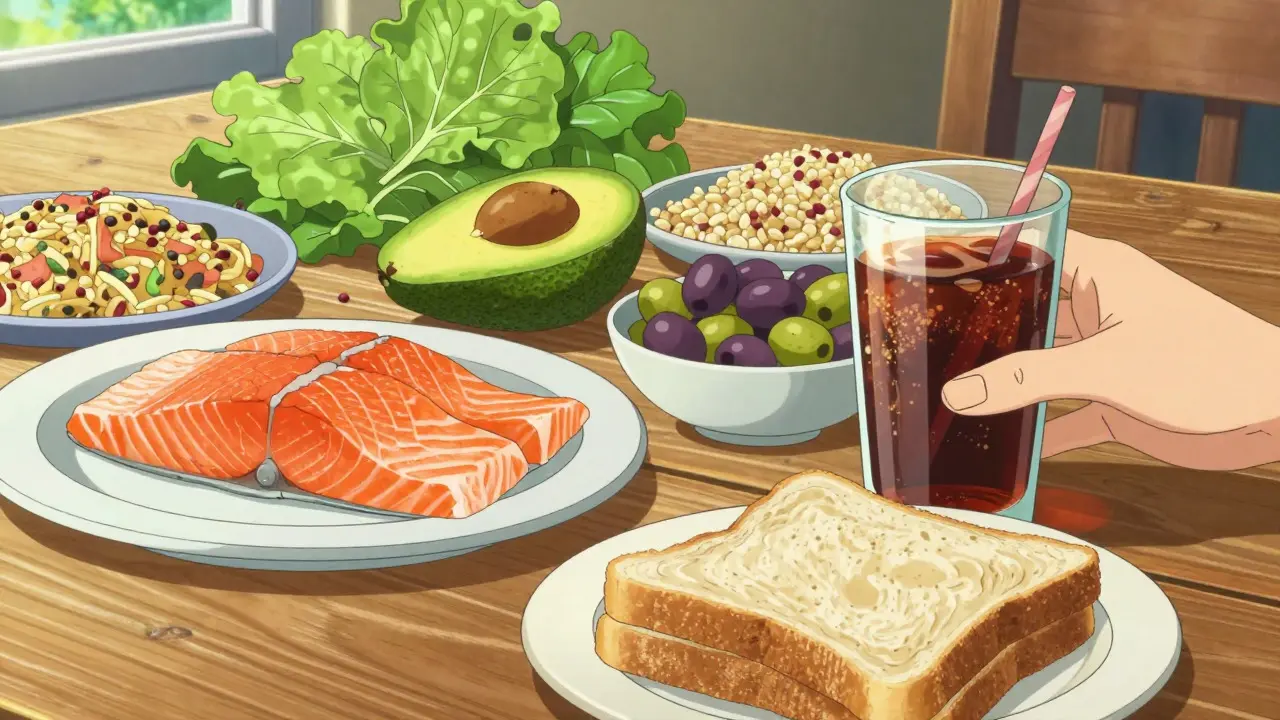 Vibrant anime scene of healthy Mediterranean foods like salmon and vegetables replacing junk food on a table.