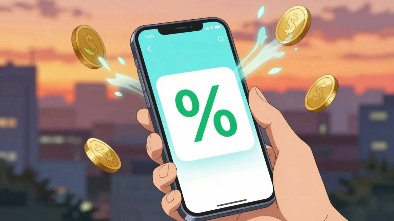 A hand holding a phone showing a discount coupon with abstract savings visuals