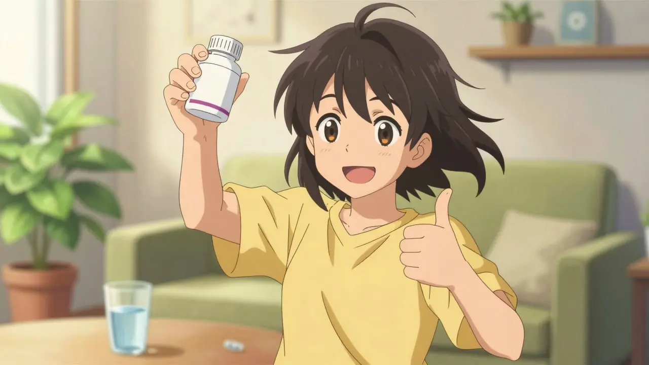 A happy anime character holding a generic pill bottle in a sunny living room