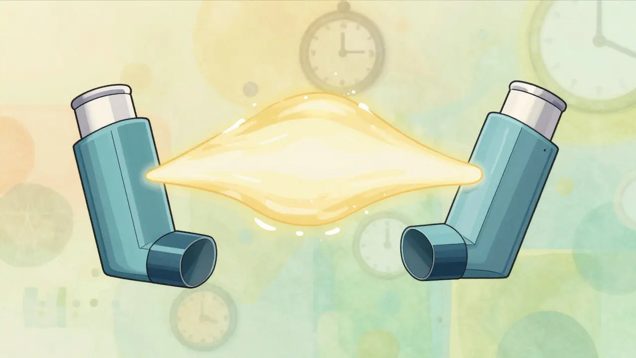 Anime art showing correct order: blue inhaler opens airways for golden steroid mist.