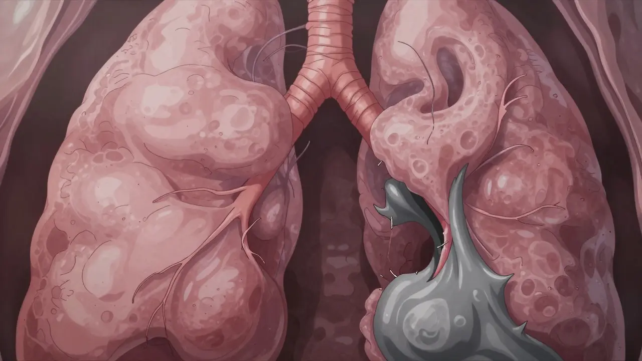 Anime art showing lung tissue scarring from fibrosis, contrasting healthy and damaged areas