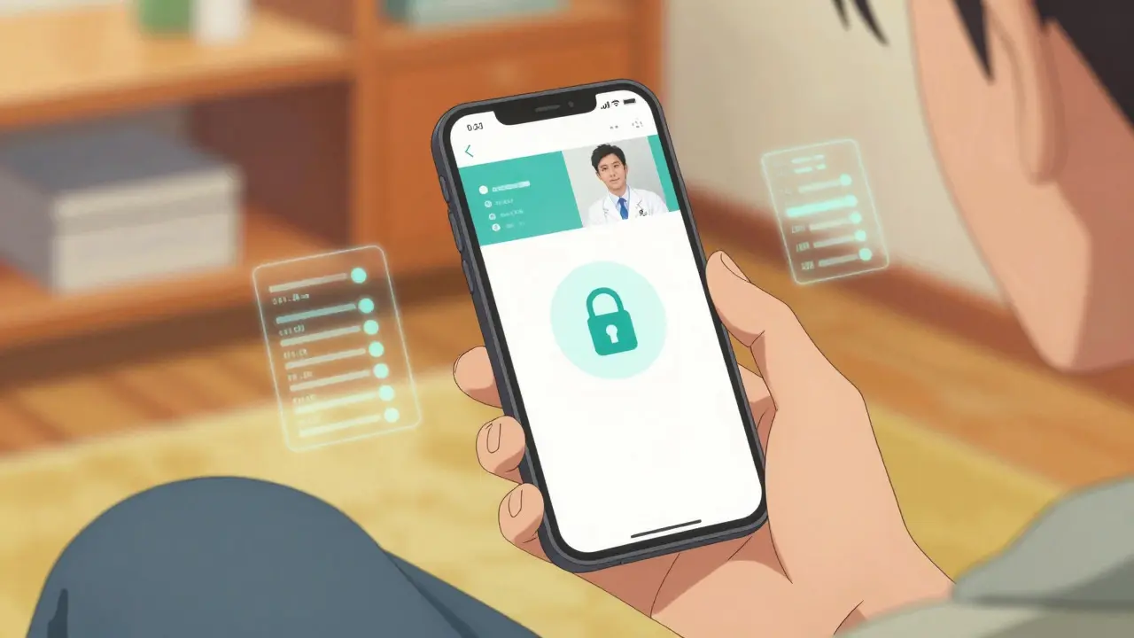 Anime illustration of a patient receiving a digital prescription via telehealth app.