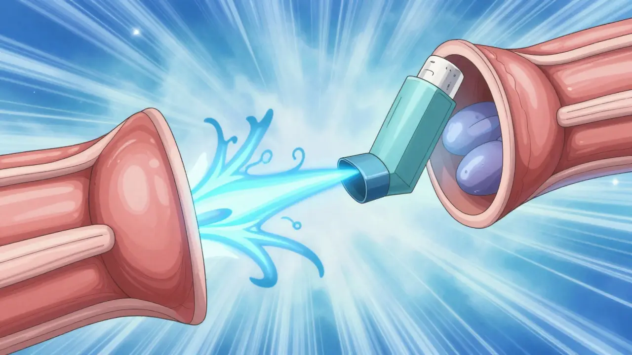 Anime illustration of bronchodilators relaxing airway muscles to open breathing passages.