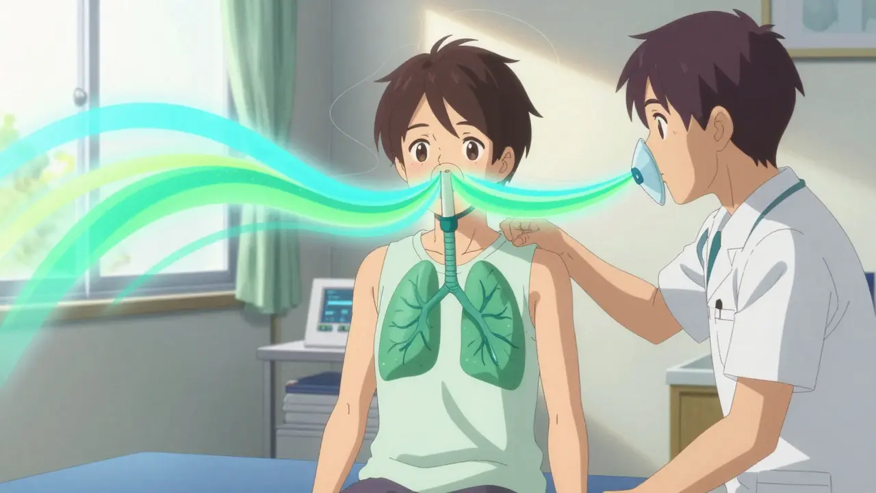 Anime scene of a patient doing breathing rehab with visualized oxygen flow