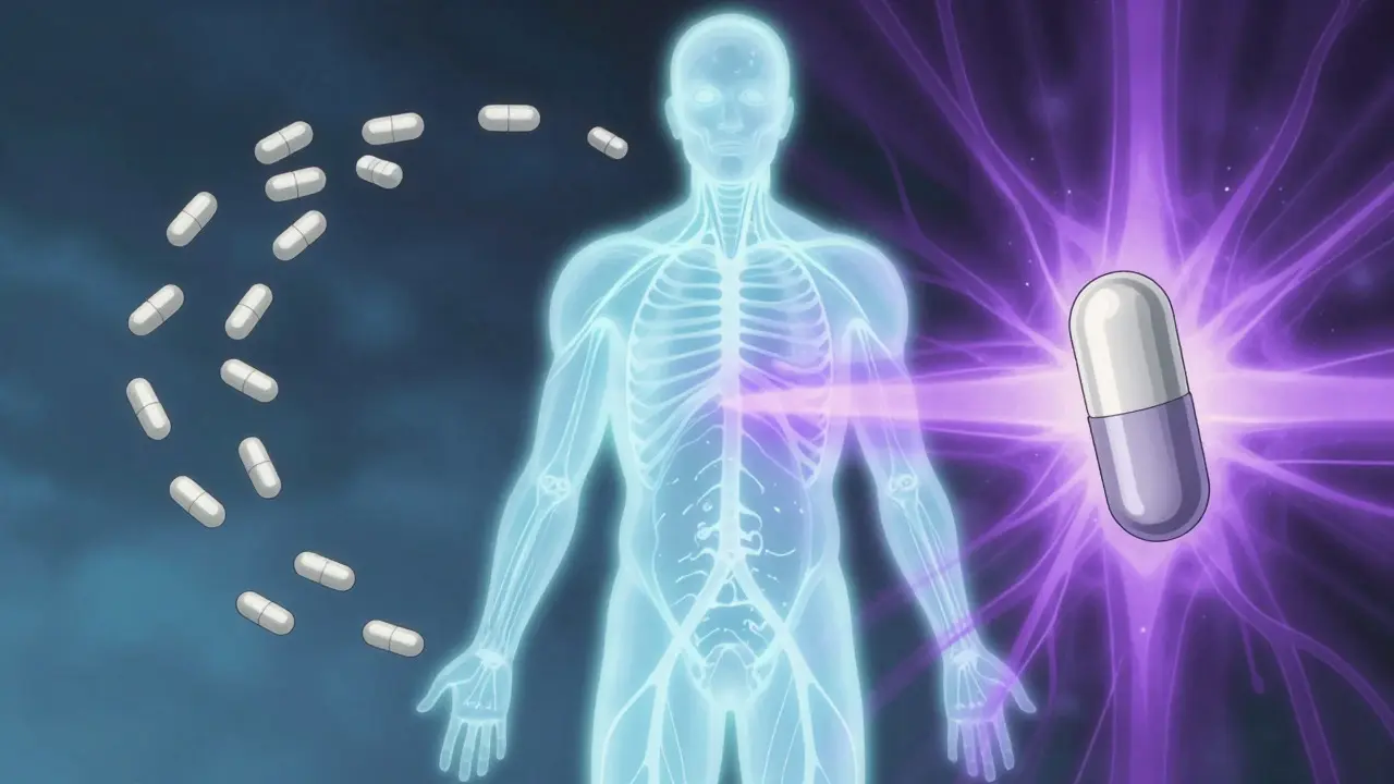 Anime style art comparing two medication types using glowing capsules and energy beams around a nervous system