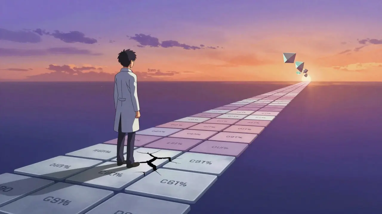 Character navigating a timeline of fluctuating drug prices