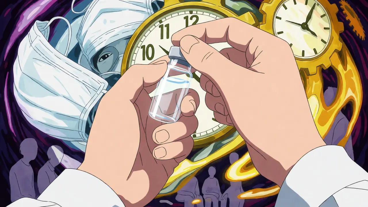 Close-up of hands holding a single vital medication vial amid chaos