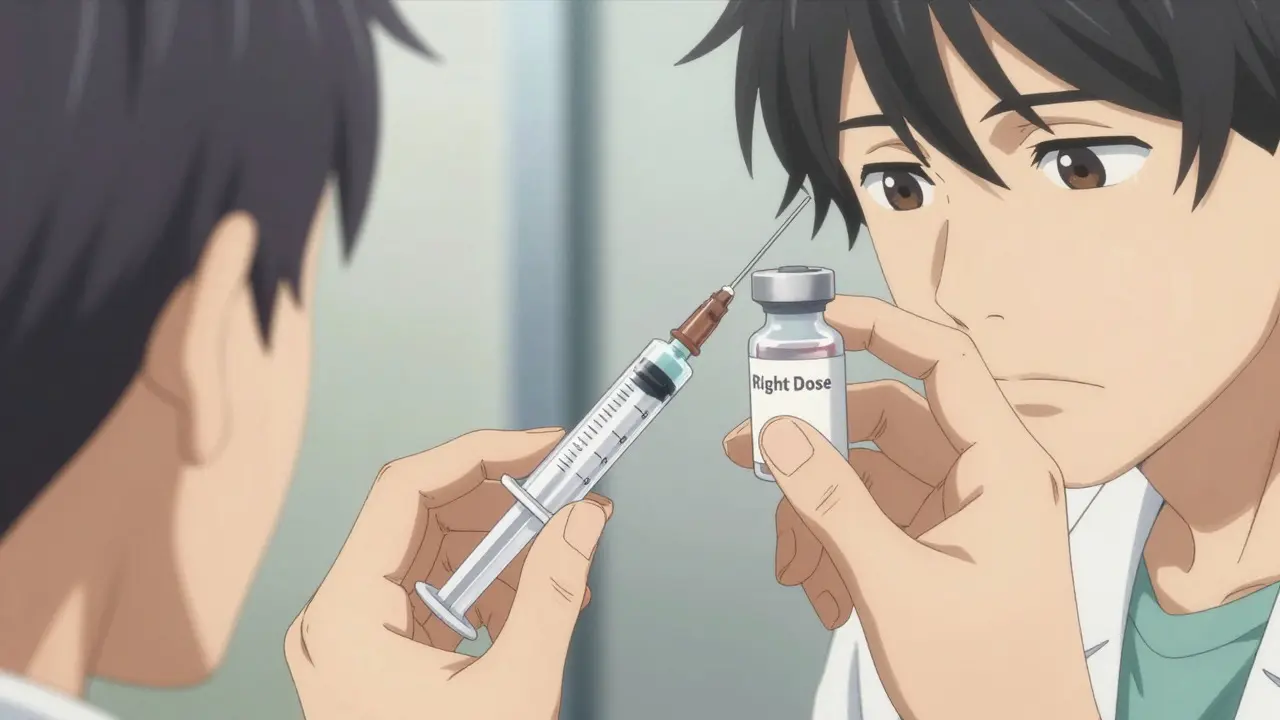 Close up of hands measuring liquid medicine with a syringe