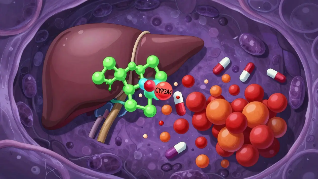 Conceptual anime art showing drug molecules blocking liver enzymes causing buildup
