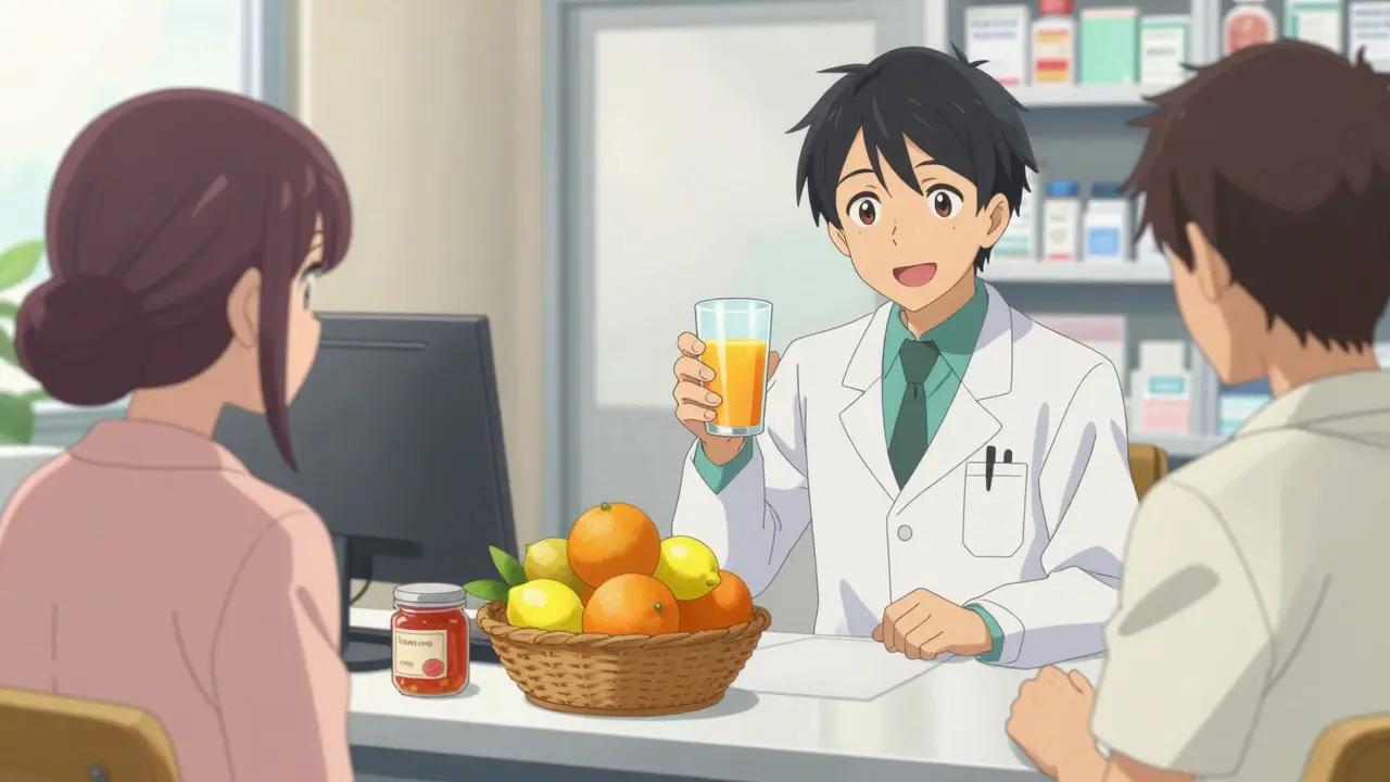 Doctor advising patient on safe citrus consumption in a bright clinic