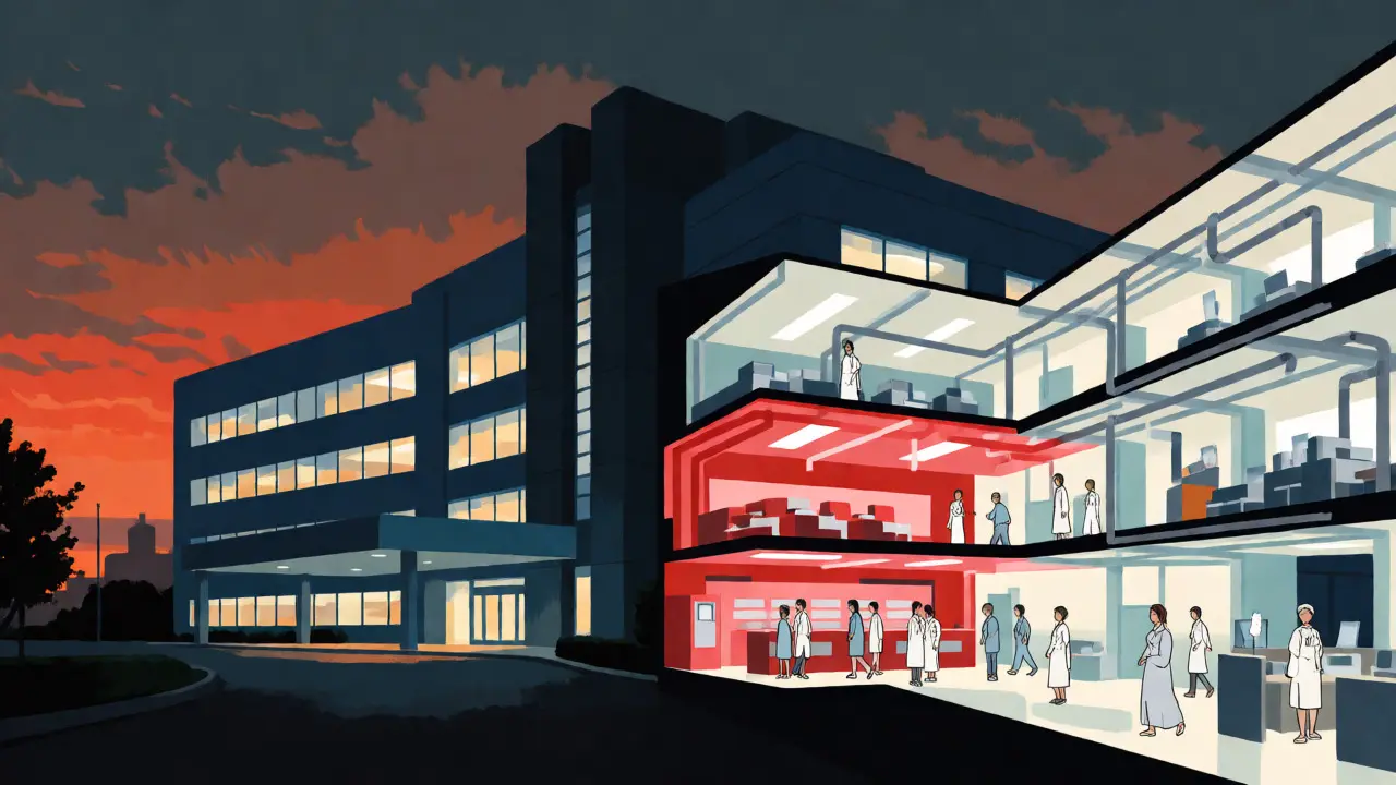 Hospital cutaway showing strained supply chains and overwhelmed staff