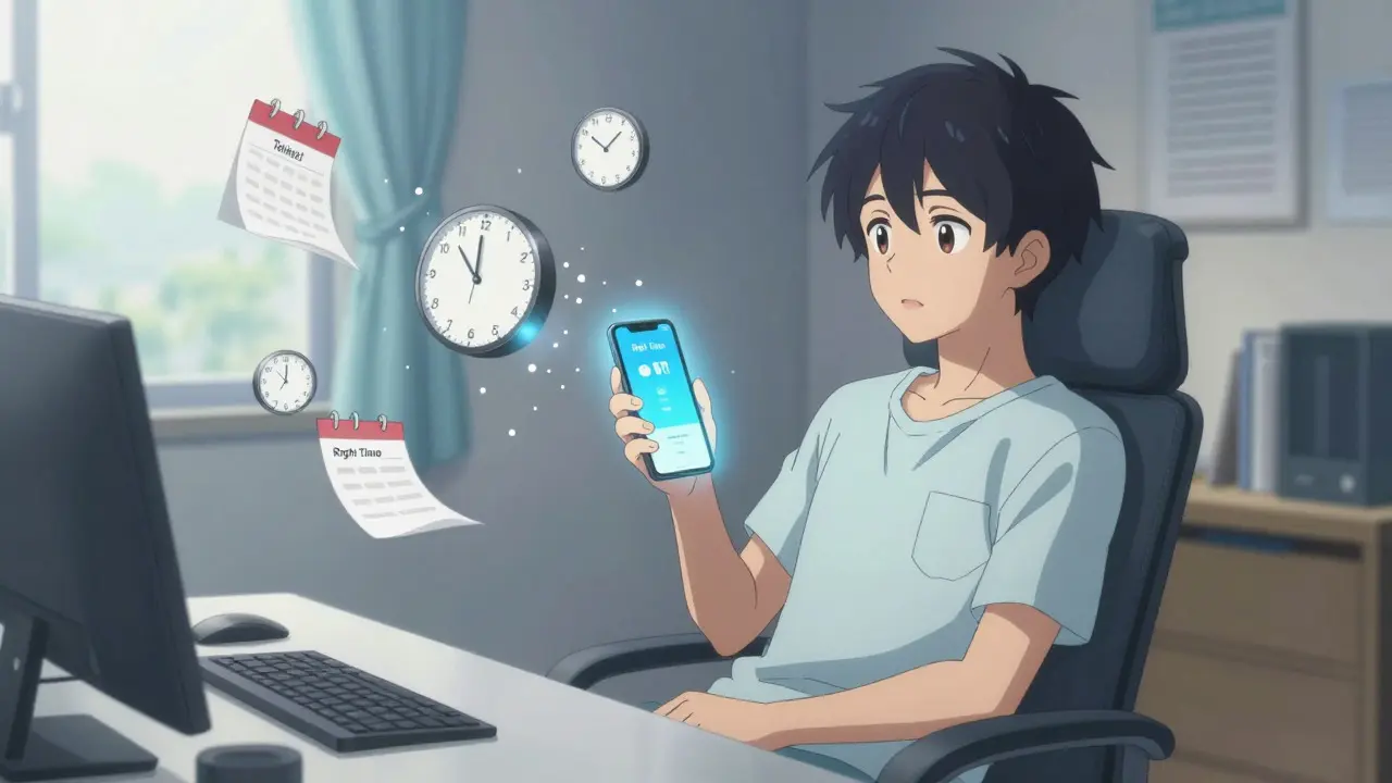 Person using a phone app for medication reminders at home