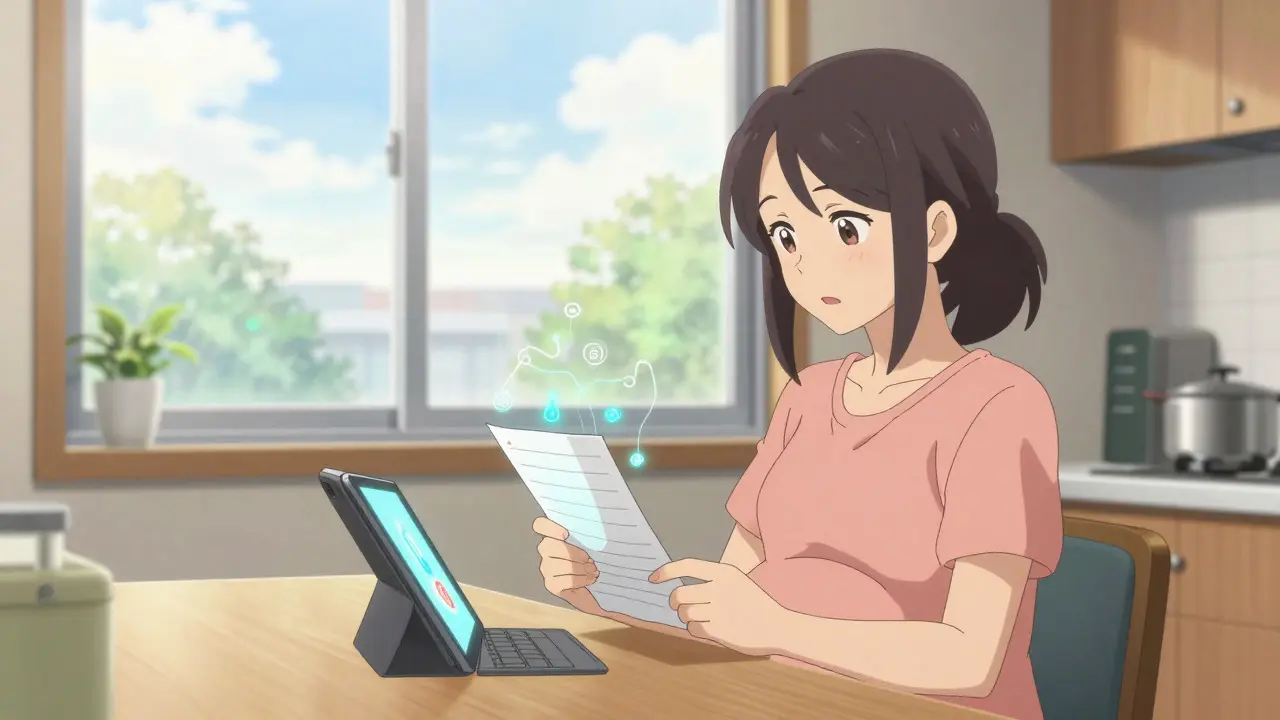 Pregnant woman reviewing medication safety data on a tablet