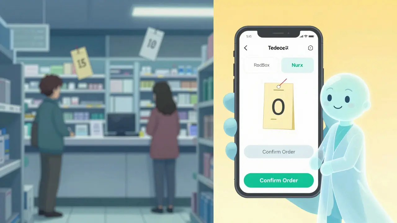 Split view comparing expensive store vs cheap online telehealth