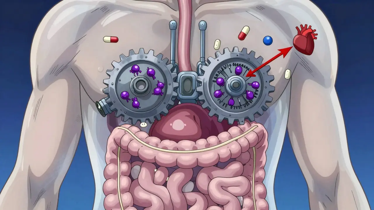 Stylized intestine showing blocked enzymes and free-flowing medication pills