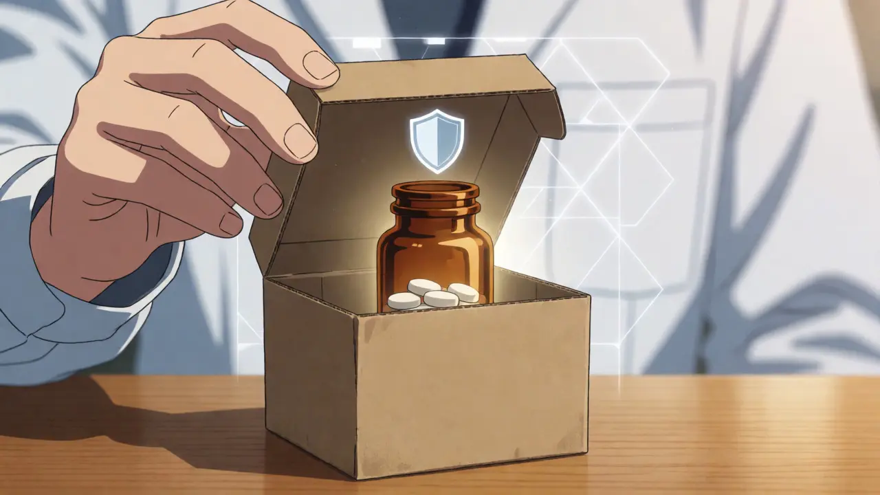 Anime style close-up of hands unboxing a verified prescription medication bottle with a safety shield.