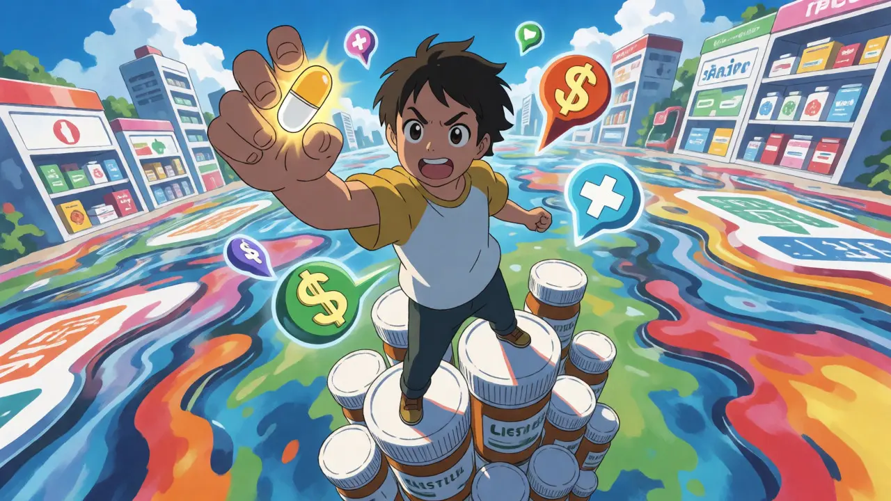 Character holding a generic pill on a platform of medicines in a surreal city