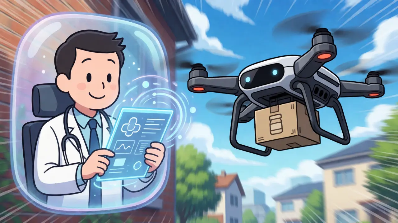 Science SARU style depiction of a virtual doctor consultation and a drone delivering medication.